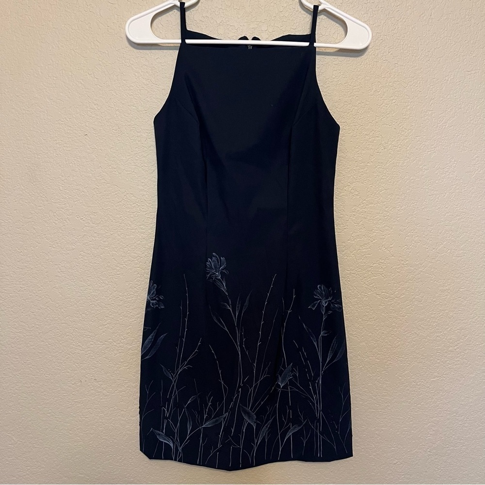 CDC Petites Navy Square Neckline Floral Dress With Bead Accents Size 2